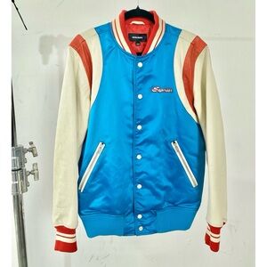 Diesel blue satin red and cream leather varsity jacket men's size large